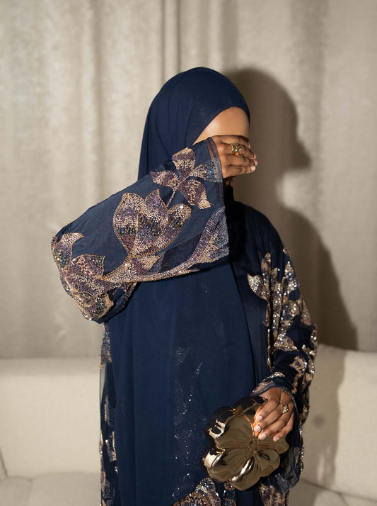 Samra Navy Blue Floral Embellished Abaya