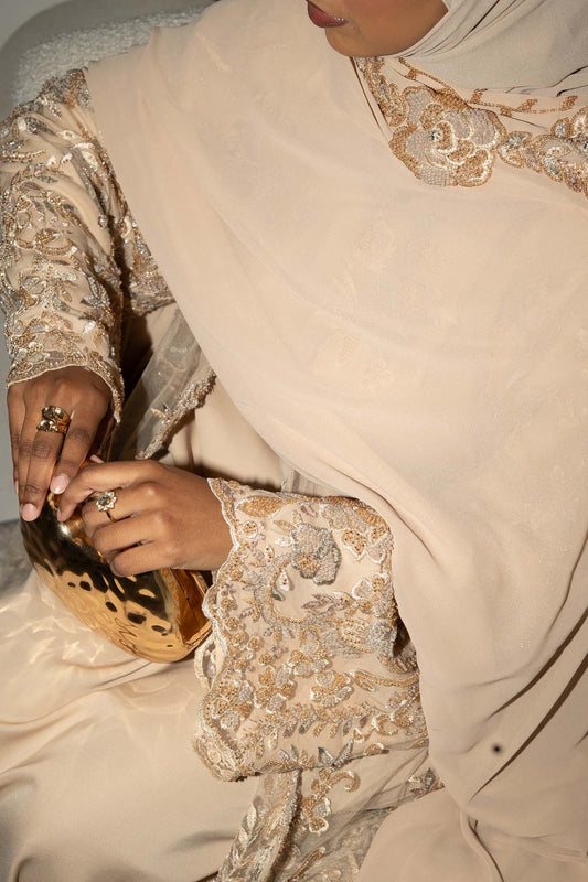 Zariyah Tan Beige Embroidered Dupatta Abaya