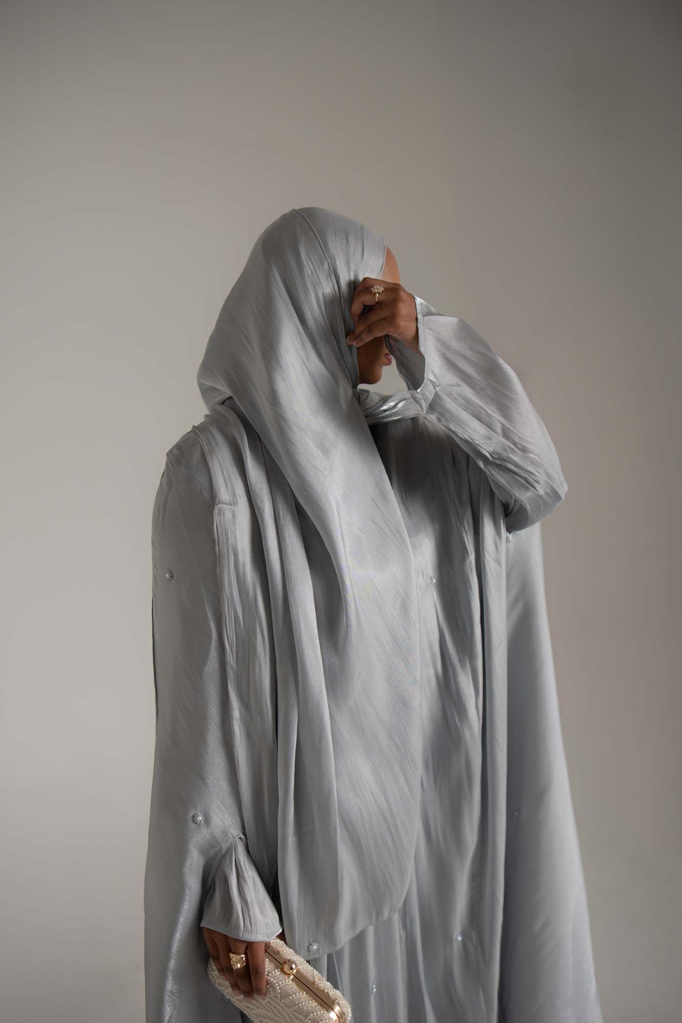 Aila Dusty Grey Embellished Organza Cape Abaya