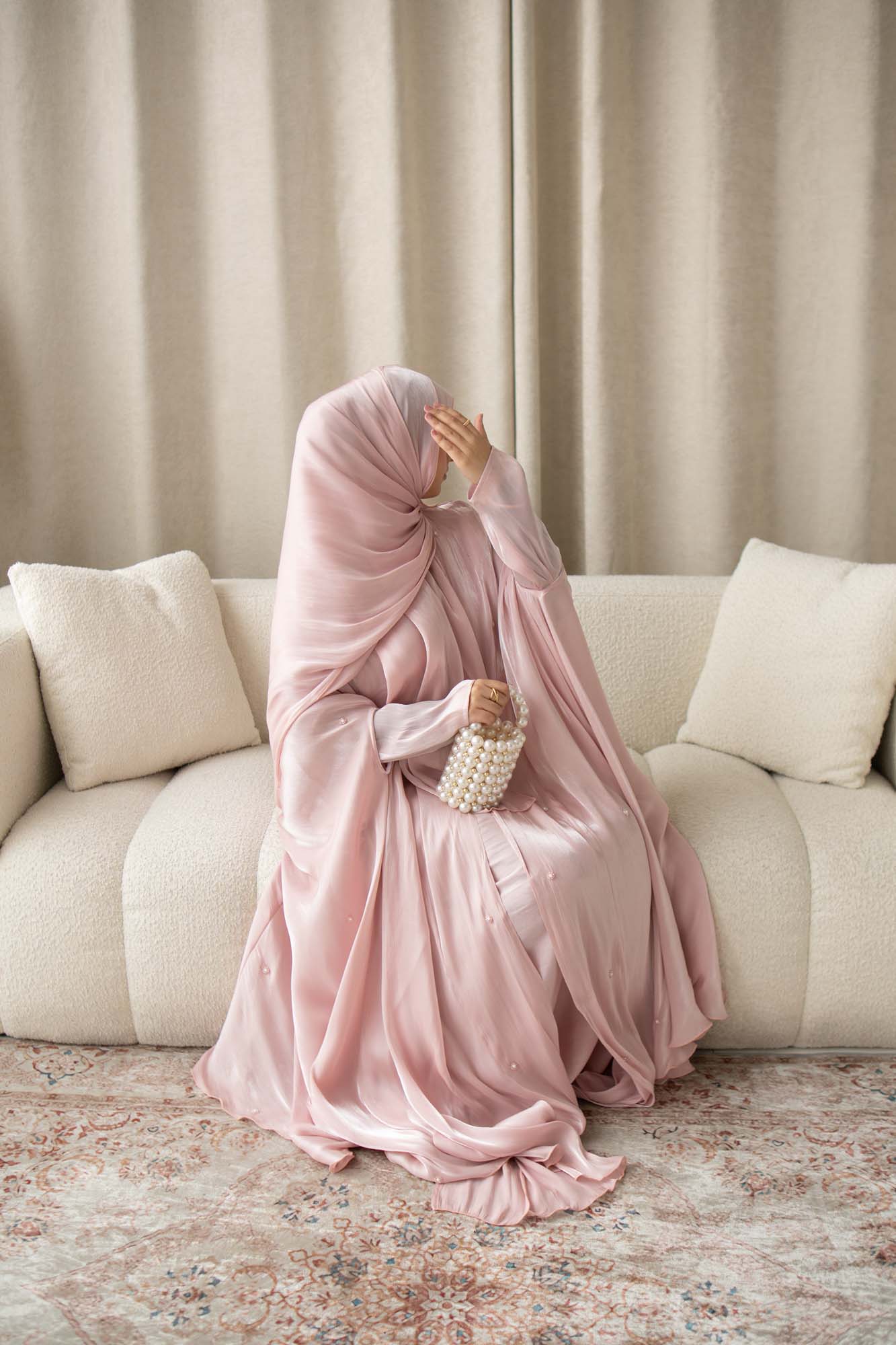Aila Soft Pink Embellished Organza Cape Abaya