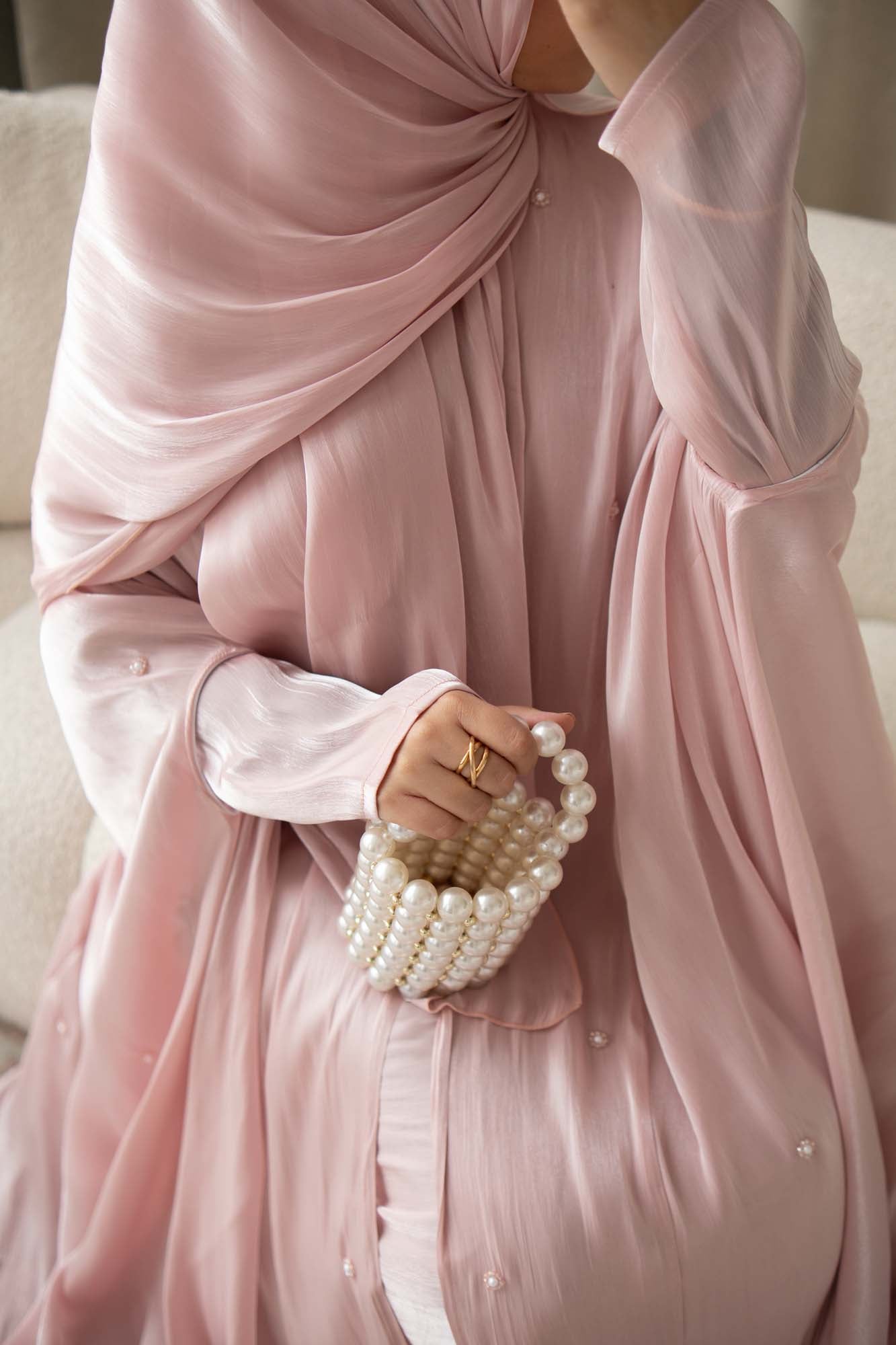 Aila Soft Pink Embellished Organza Cape Abaya