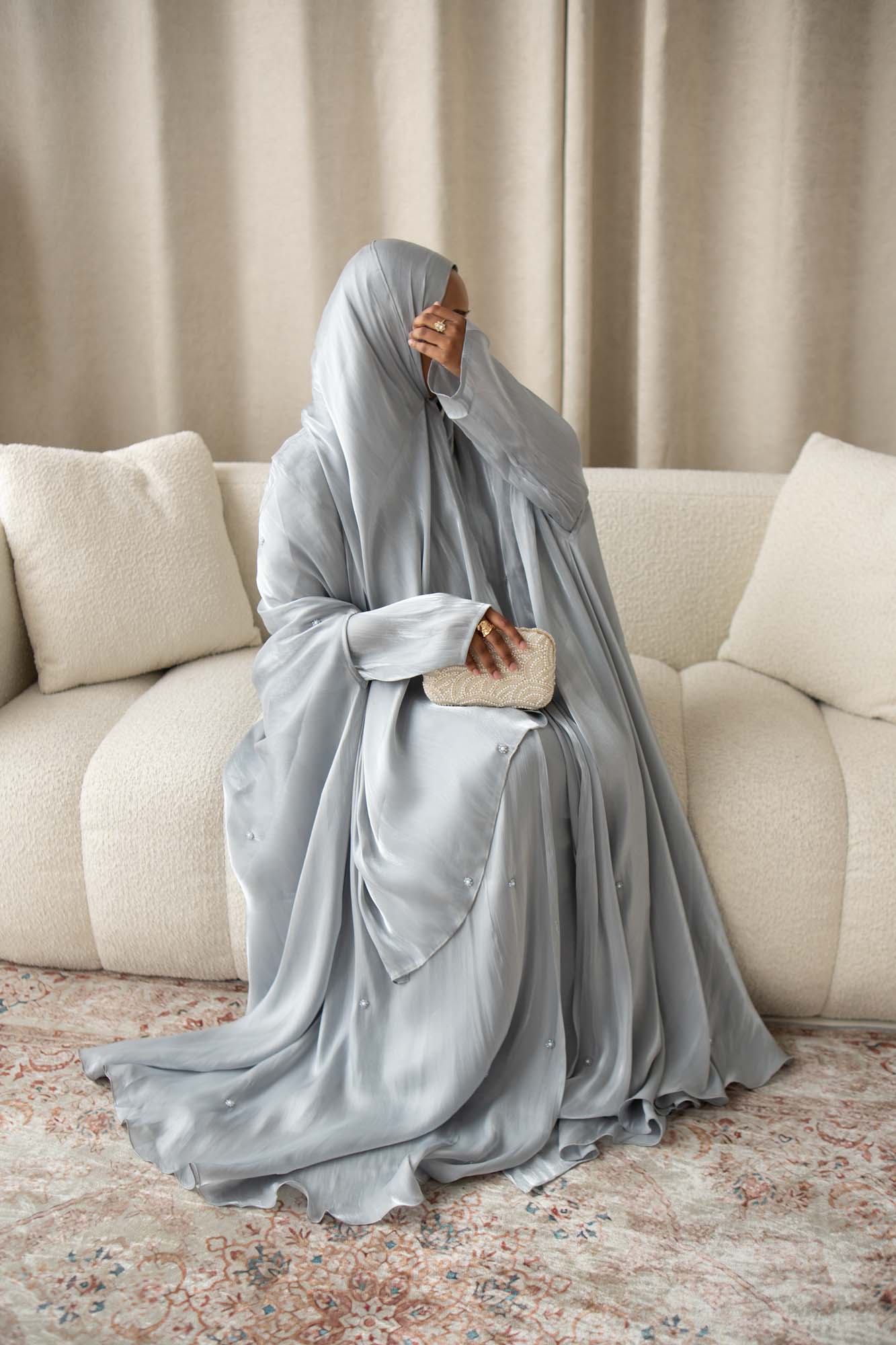 Aila Dusty Grey Embellished Organza Cape Abaya