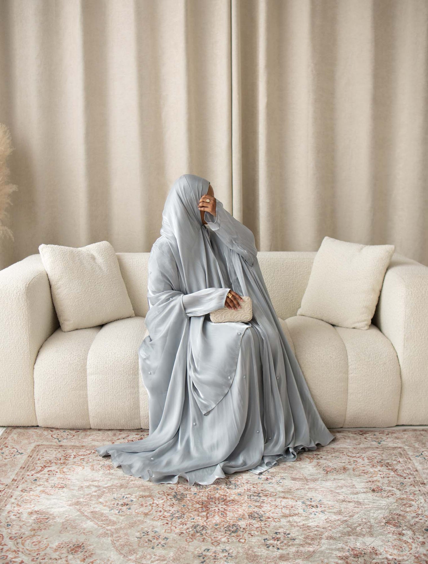 Aila Dusty Grey Embellished Organza Cape Abaya