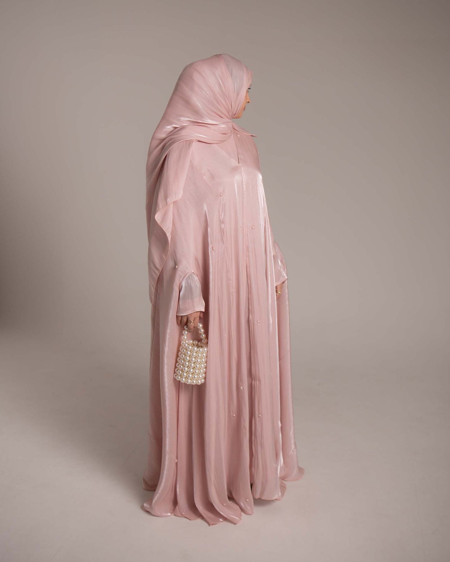 Aila Soft Pink Embellished Organza Cape Abaya
