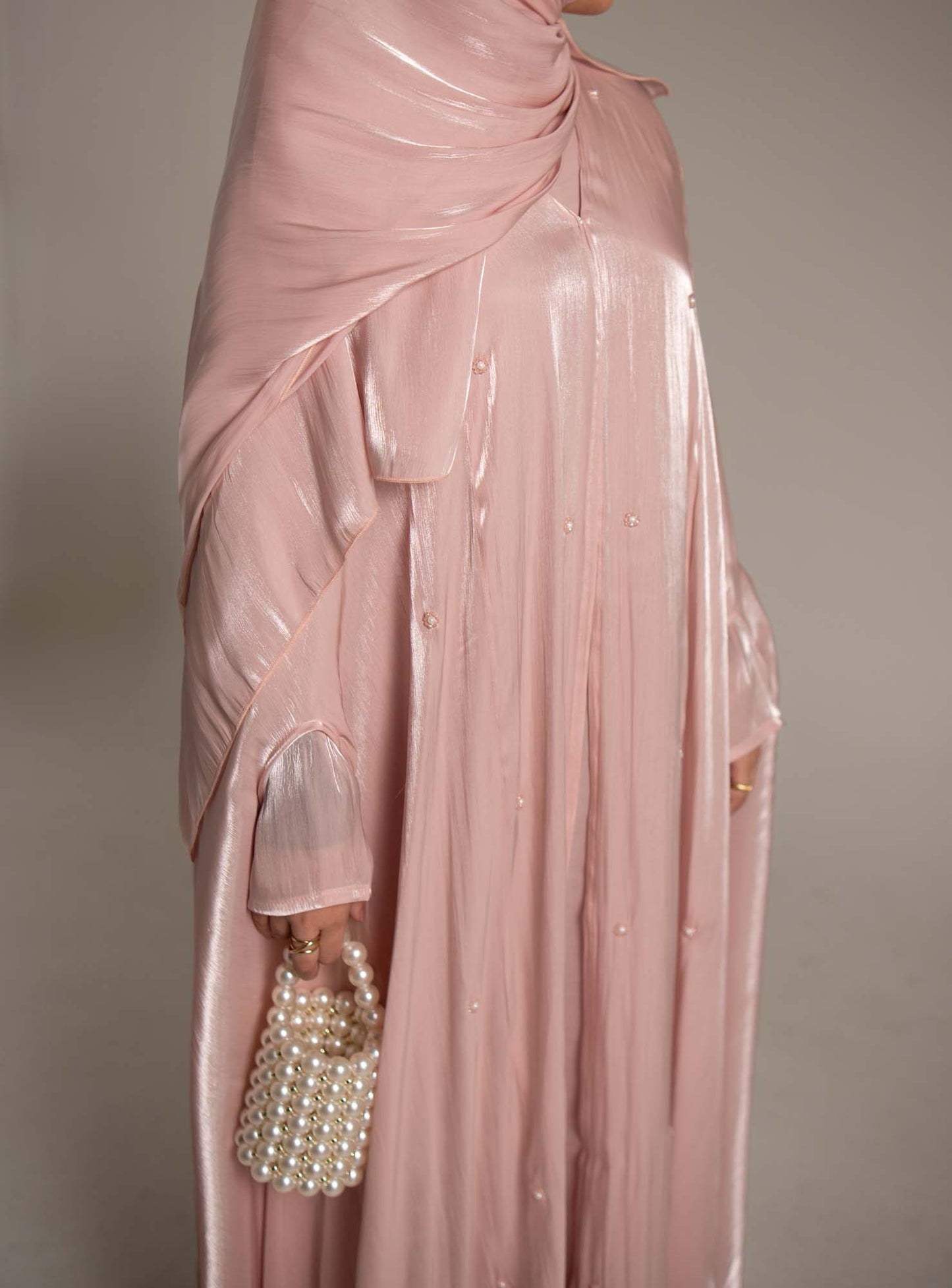 Aila Soft Pink Embellished Organza Cape Abaya