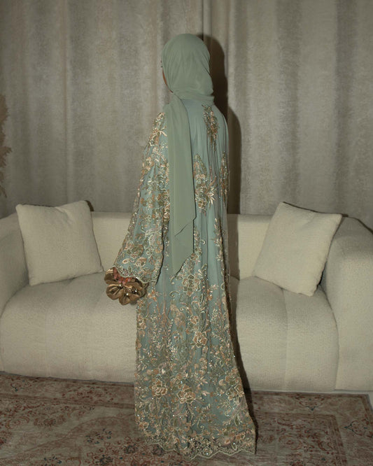 Zariyah Sage Green Embroidered Dupatta Abaya