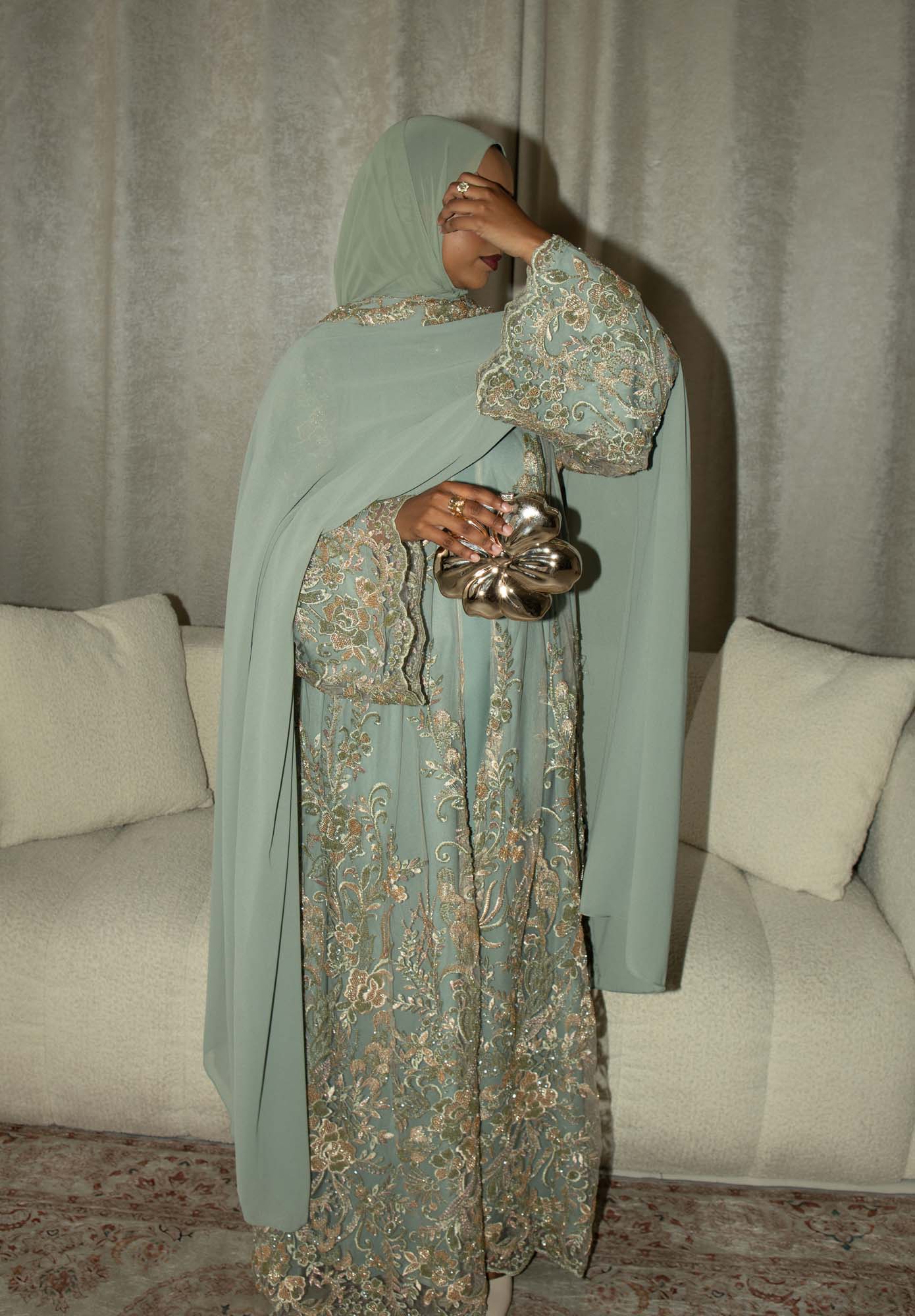 Zariyah Sage Green Embroidered Dupatta Abaya