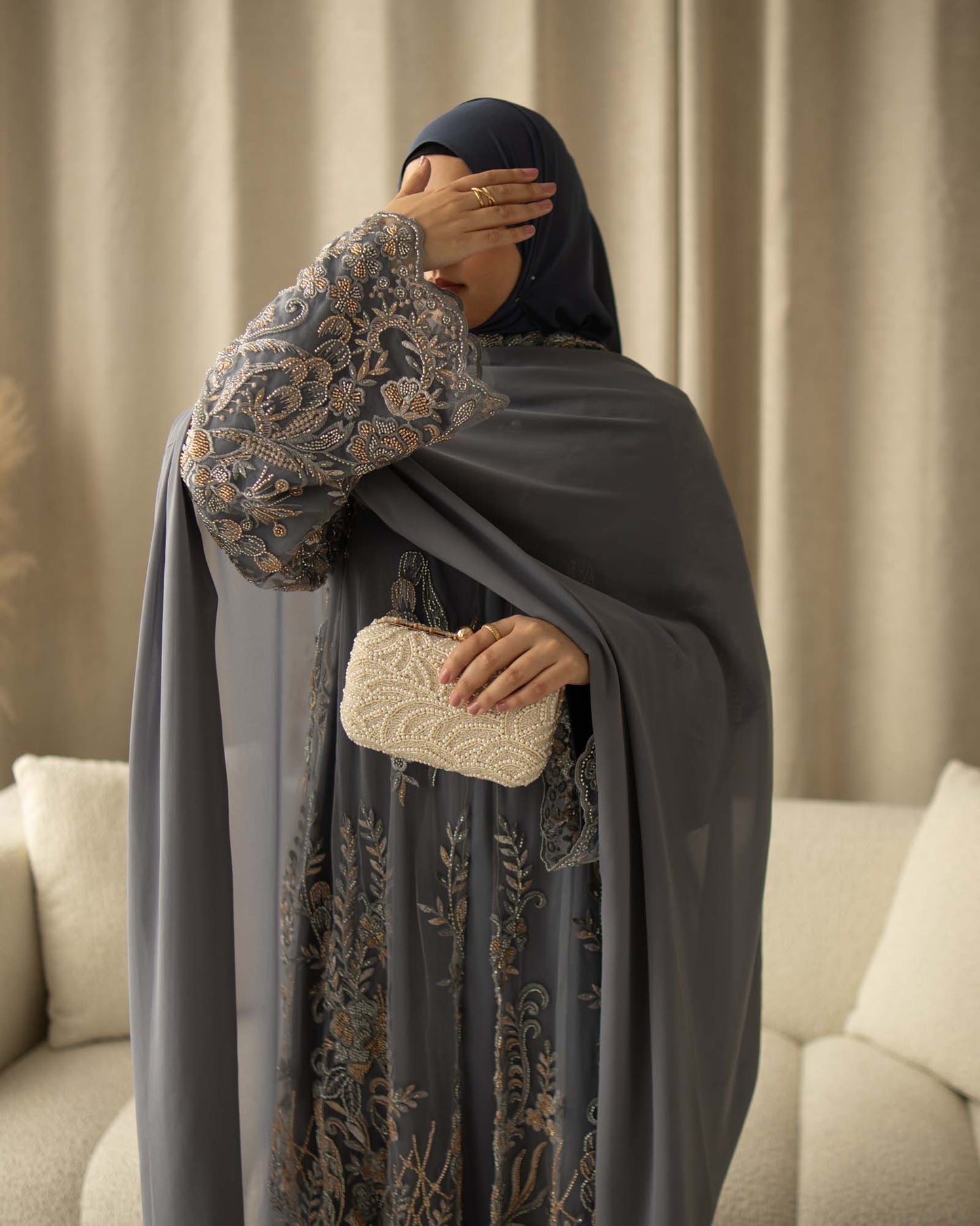 Zariyah Midnight Grey Embroidered Dupatta Abaya