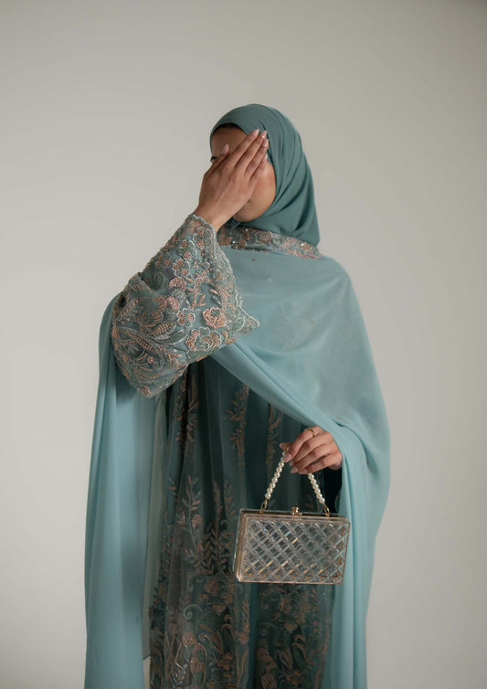 Zariyah Teal Embroidered Dupatta Abaya