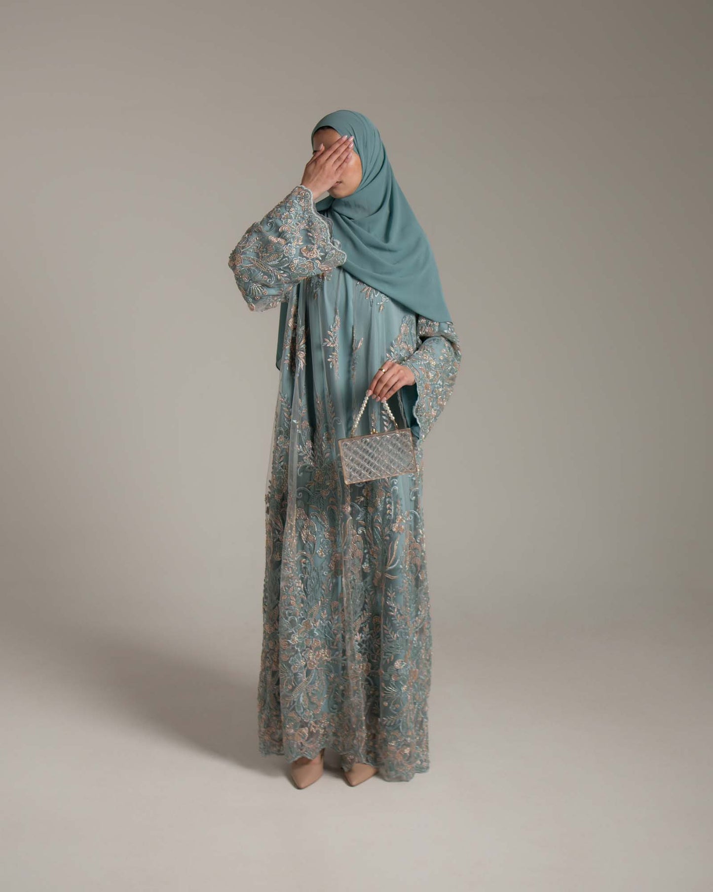 Zariyah Teal Embroidered Dupatta Abaya