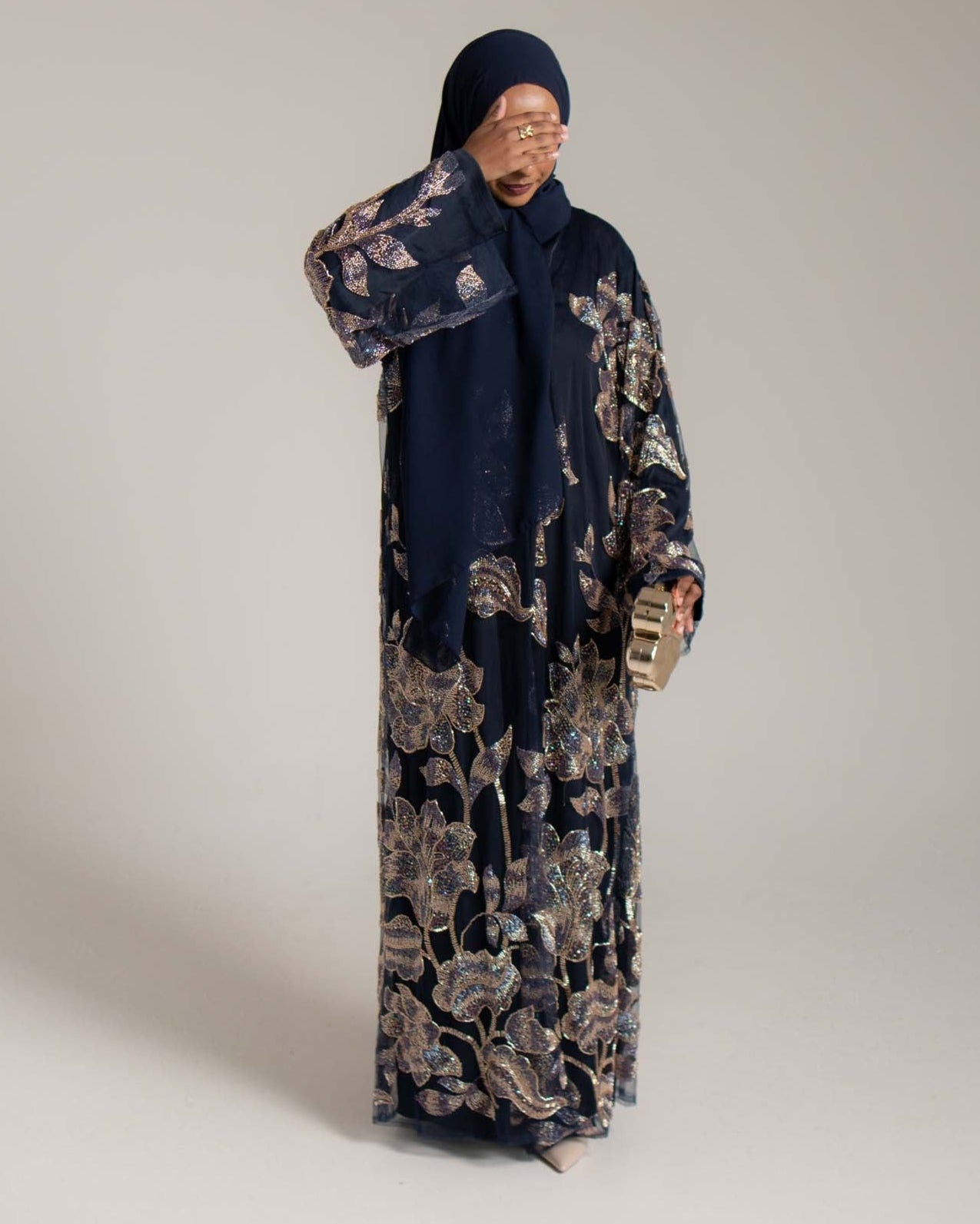 Samra Navy Blue Floral Embellished Abaya