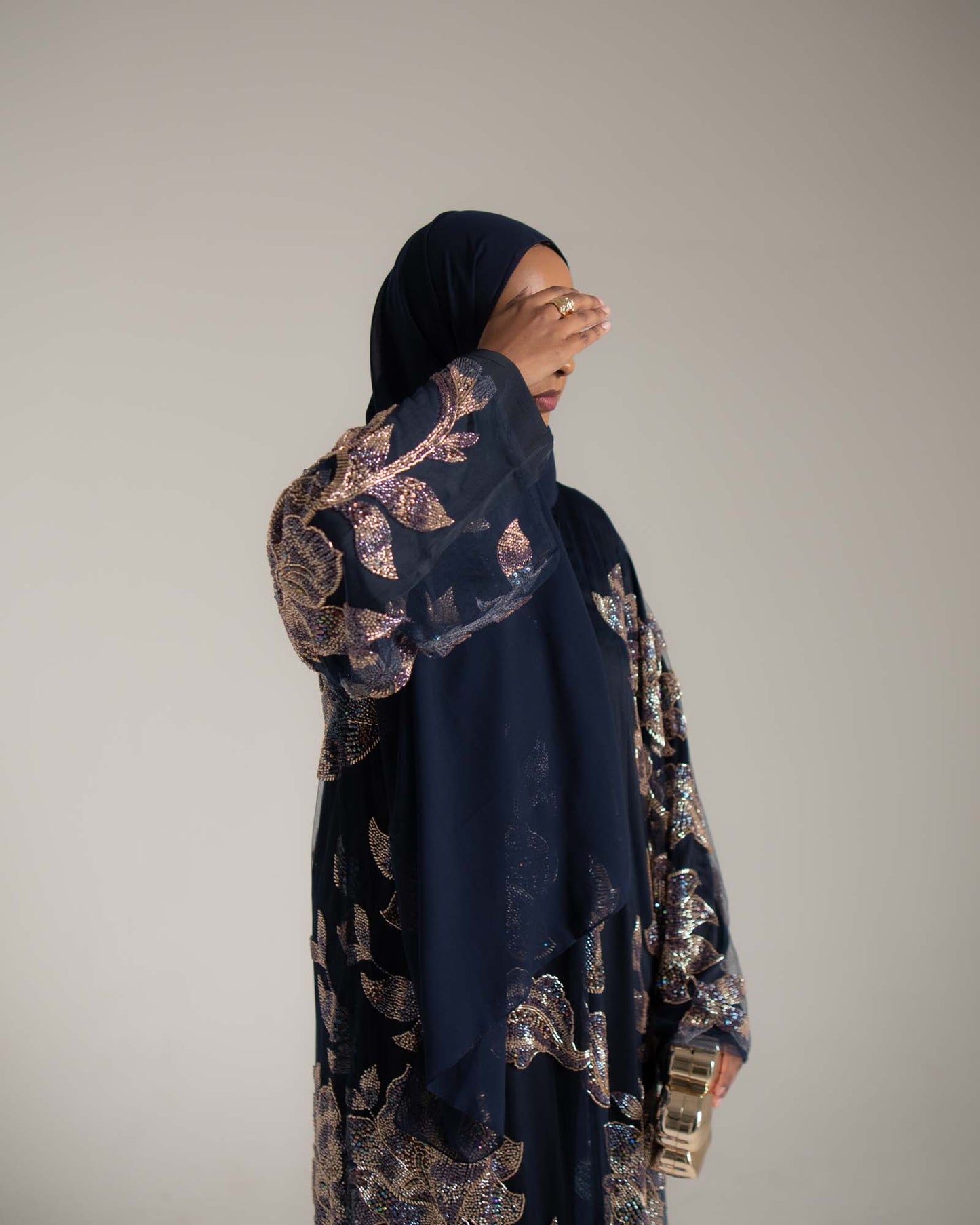 Samra Navy Blue Floral Embellished Abaya