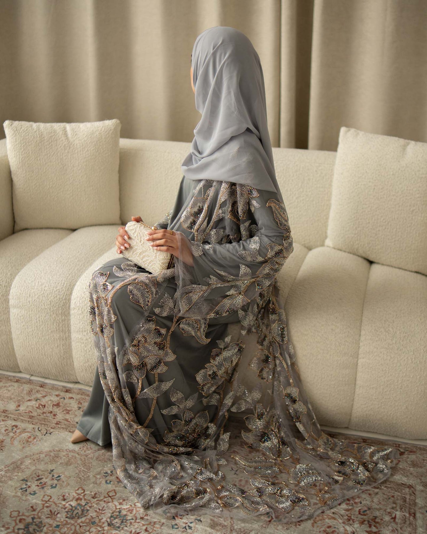 Samra Light Grey Floral Embellished Abaya