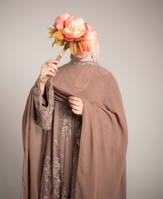 Zariyah Brown Embroidered Dupatta Abaya