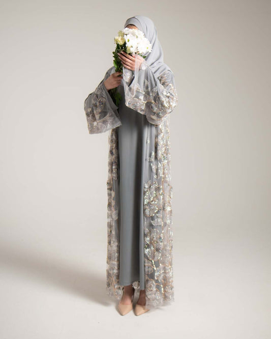 Samra Light Grey Floral Embellished Abaya
