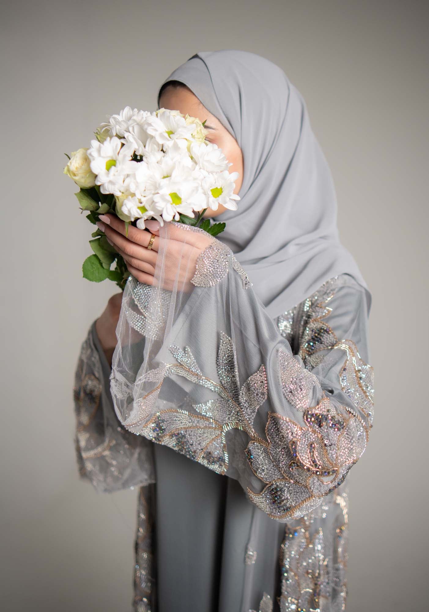 Samra Light Grey Floral Embellished Abaya