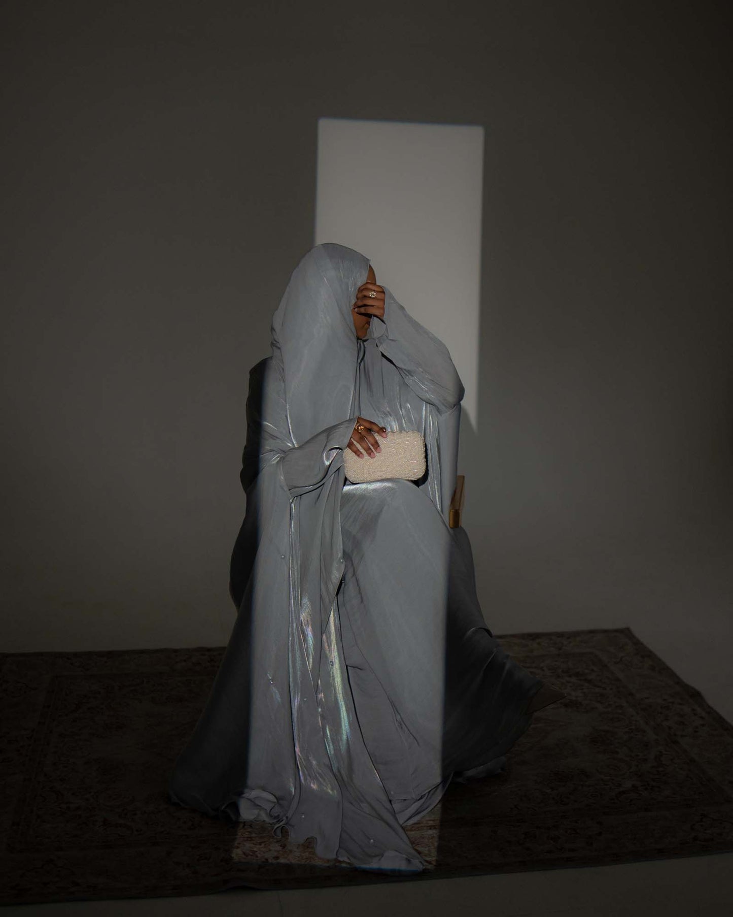 Aila Dusty Grey Embellished Organza Cape Abaya