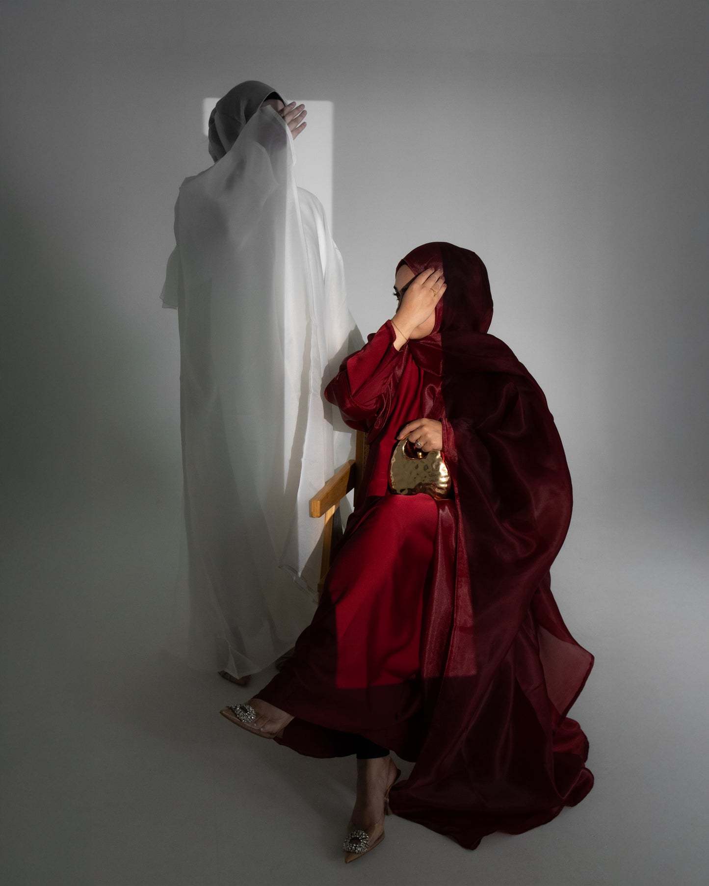 Huda Deep Burgundy Organza Cape Abaya | layah collection | both abaya full view