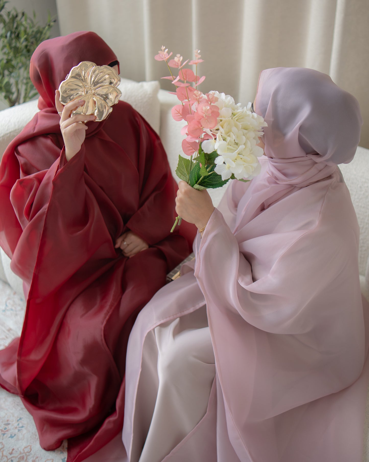 Huda Deep Burgundy Organza Cape Abaya | layah collection | both abaya view
