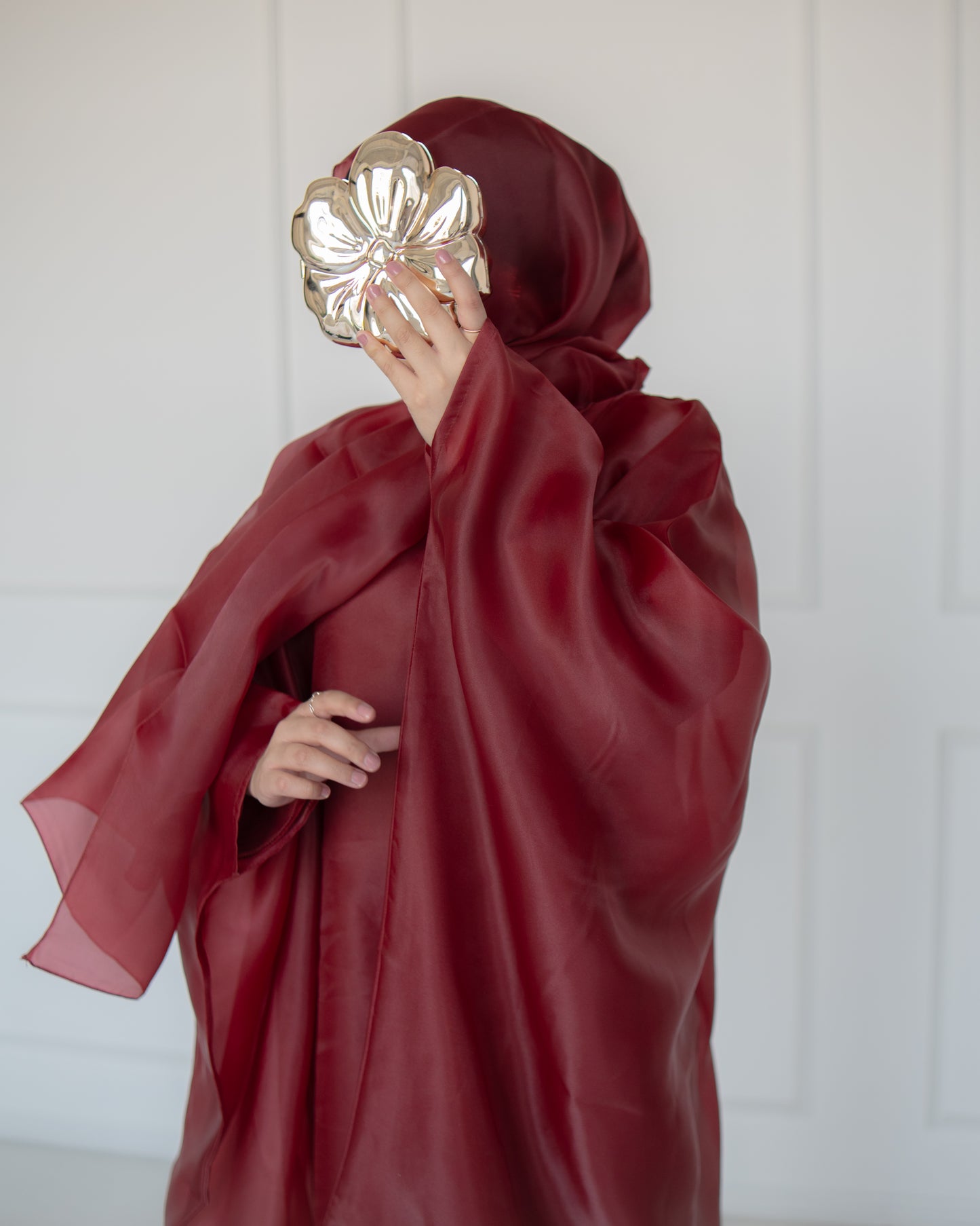 Huda Deep Burgundy Organza Cape Abaya | layah collection | close view
