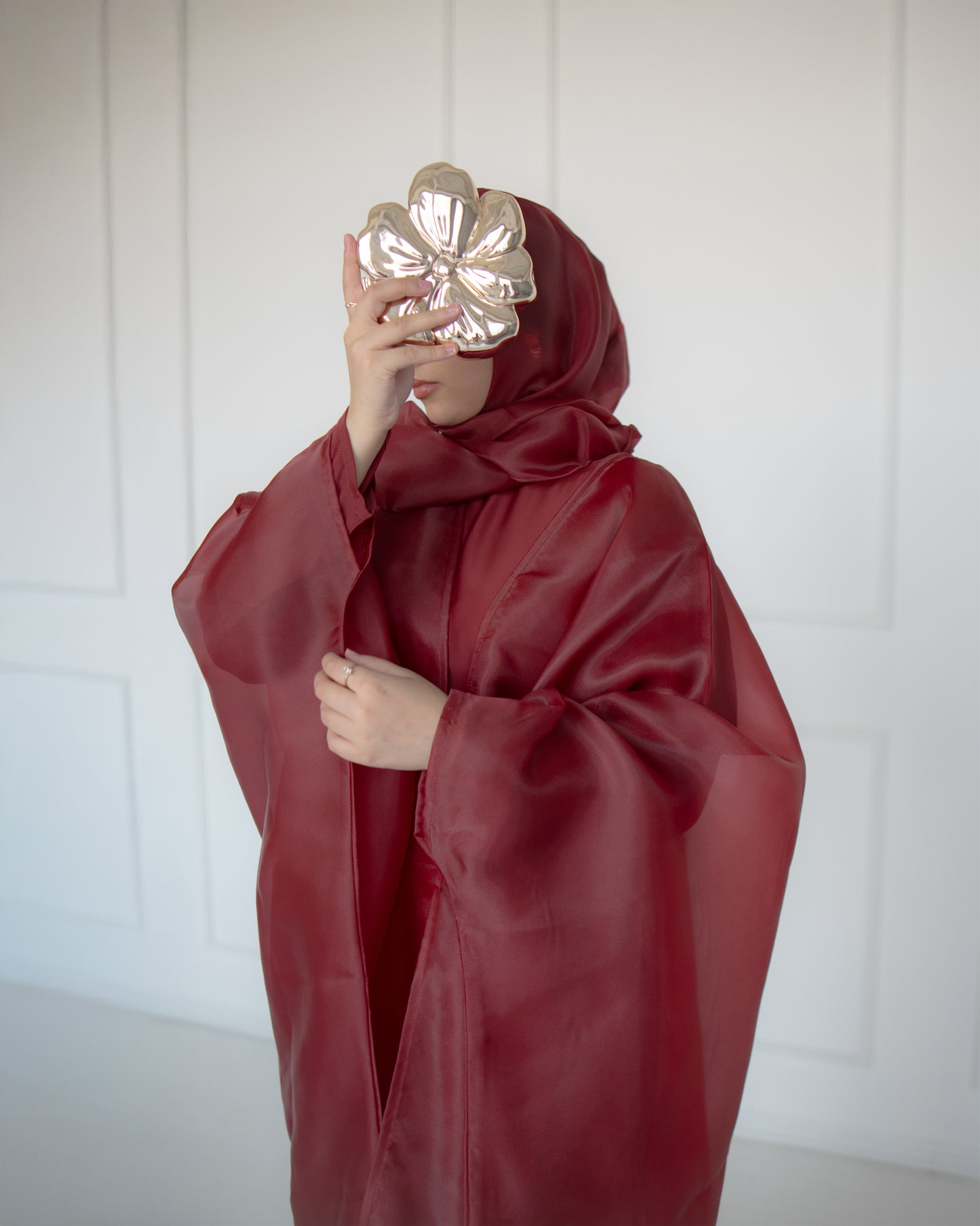 Huda Deep Burgundy Organza Cape Abaya | layah collection | front full view