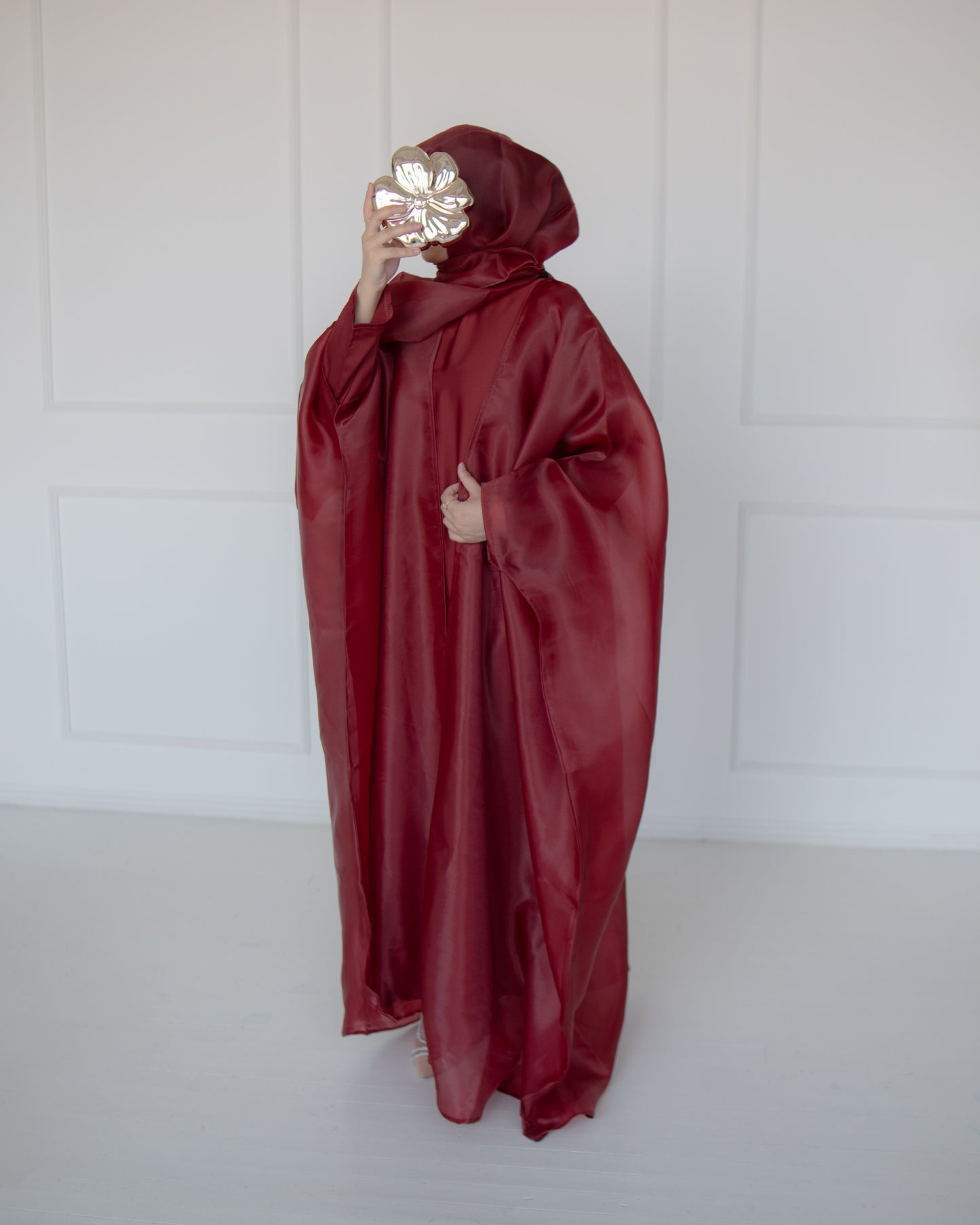 Huda Deep Burgundy Organza Cape Abaya | layah collection | full view