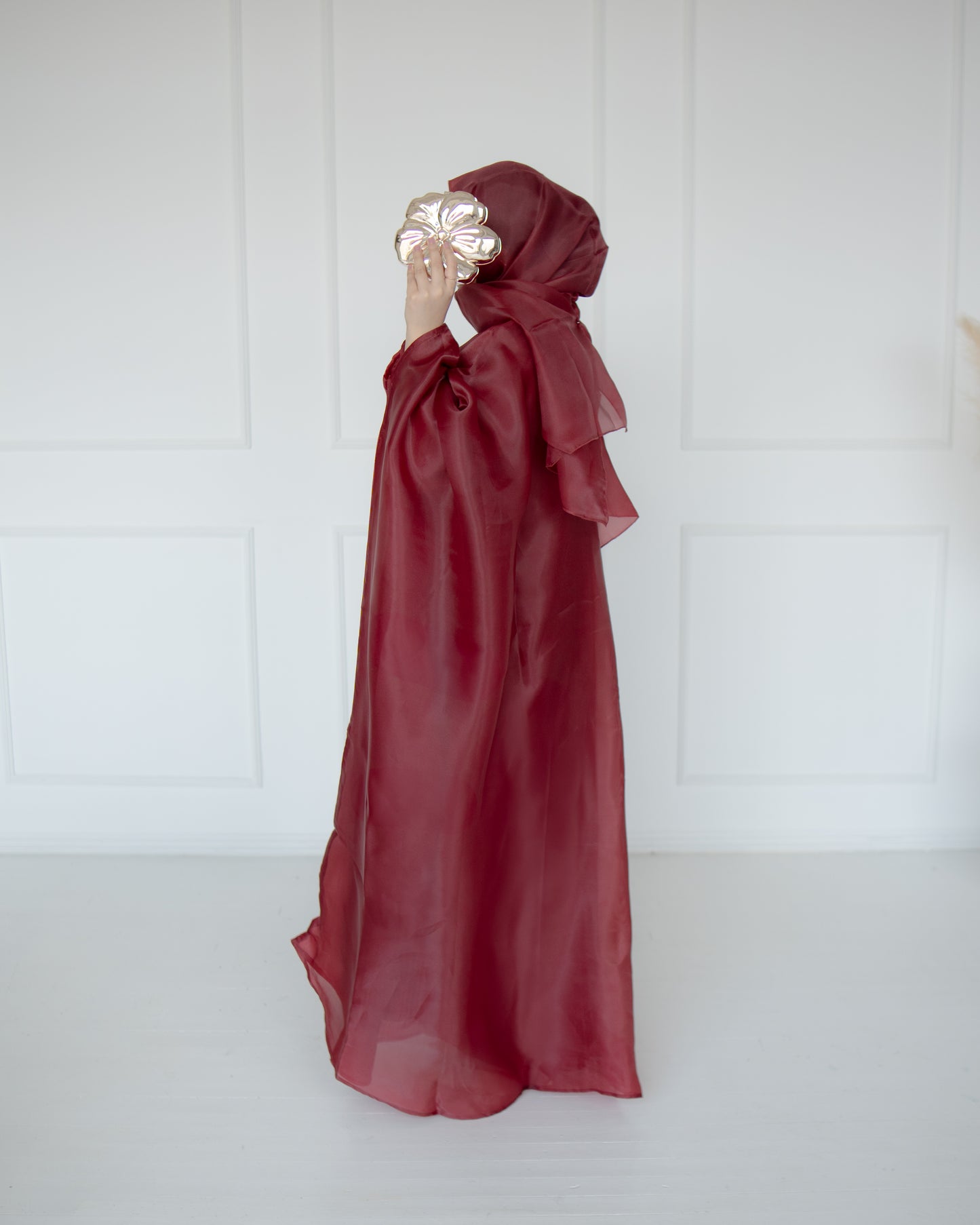 Huda Deep Burgundy Organza Cape Abaya | layah collection | left view
