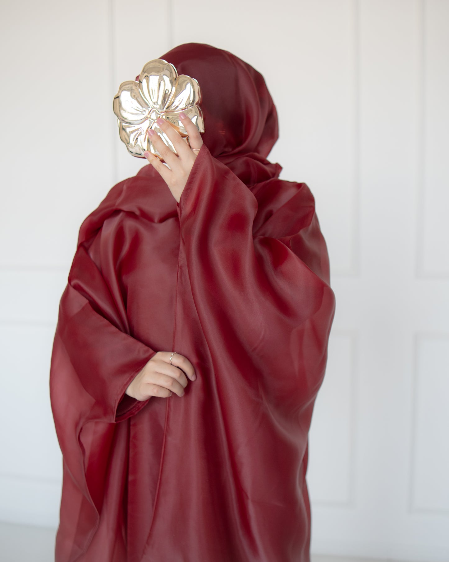 Huda Deep Burgundy Organza Cape Abaya | layah collection | side view view
