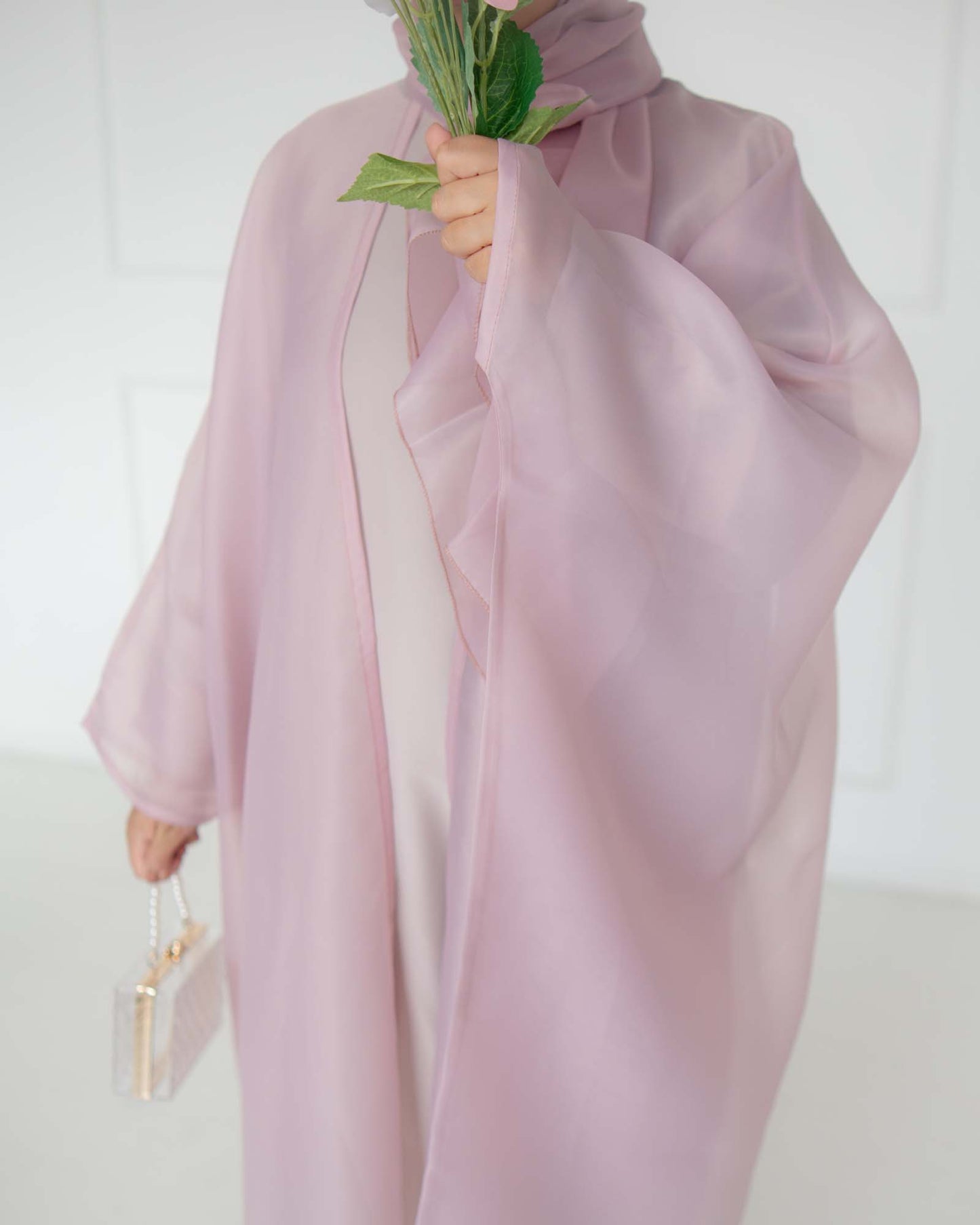 Huda Dusty Pink Organza Cape Abaya | layah collection | close front view