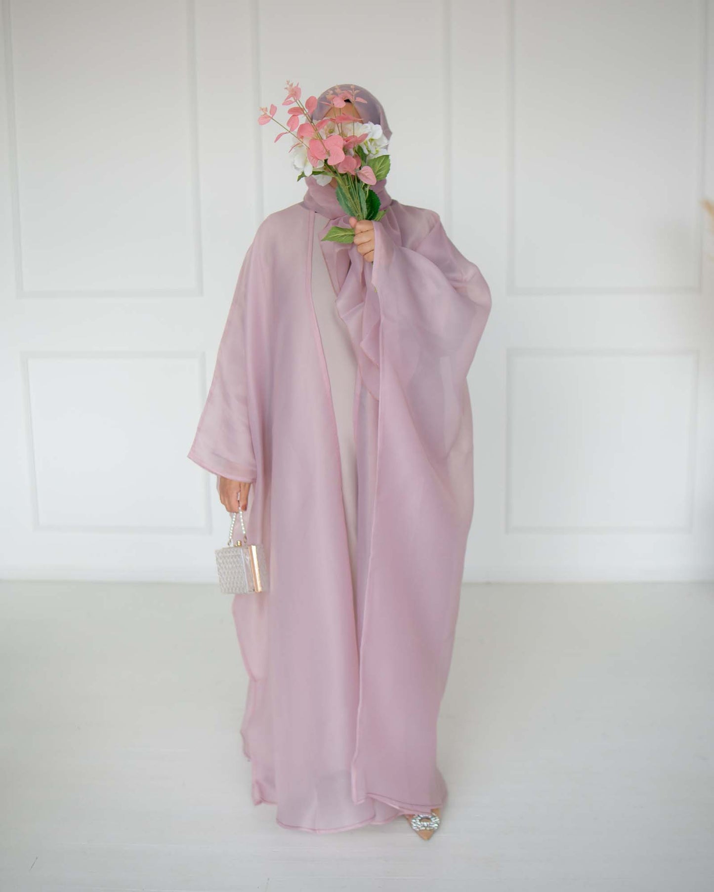 Huda Dusty Pink Organza Cape Abaya | layah collection | front view