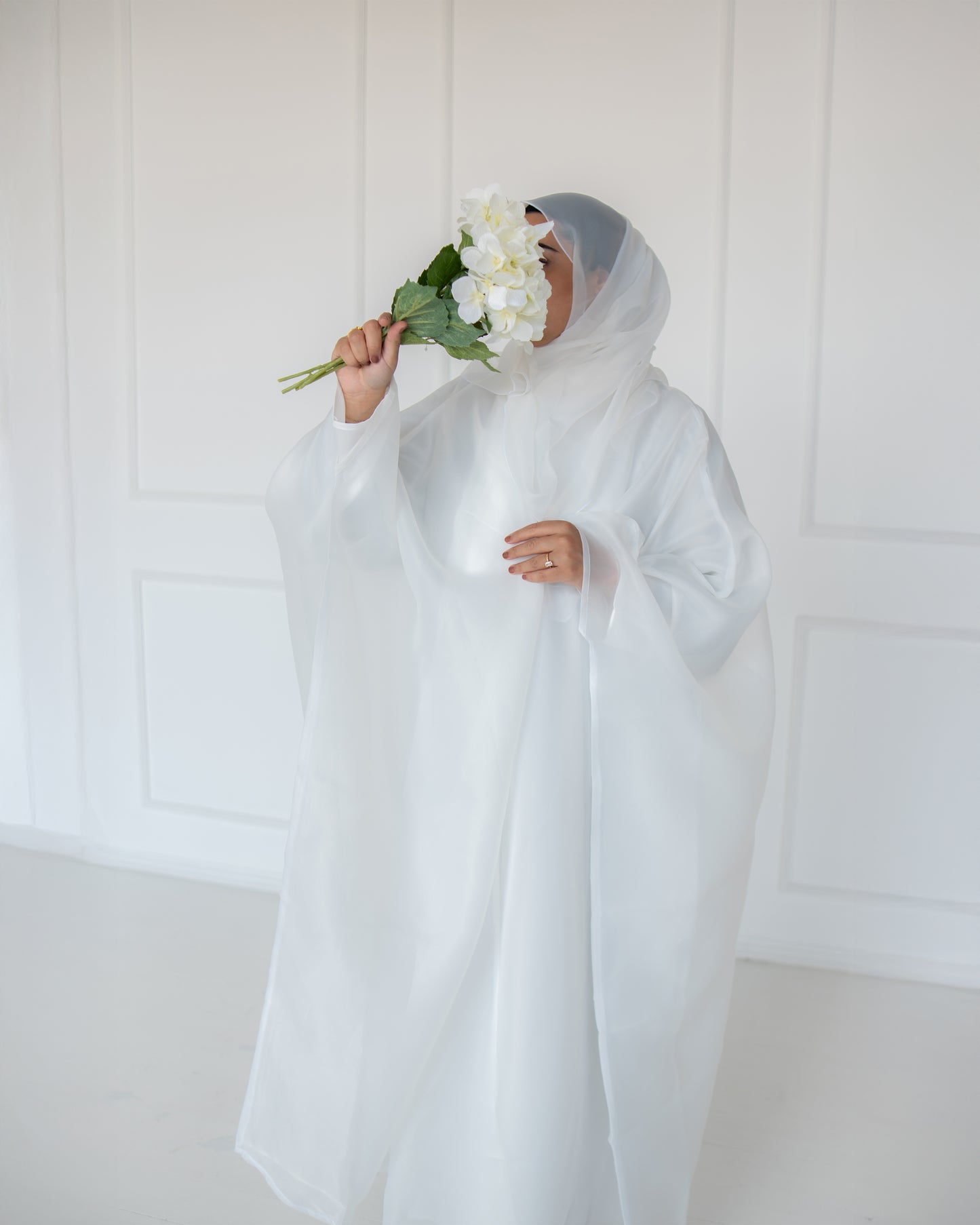 Huda Off-White Organza Cape Abaya | layah collection | full view