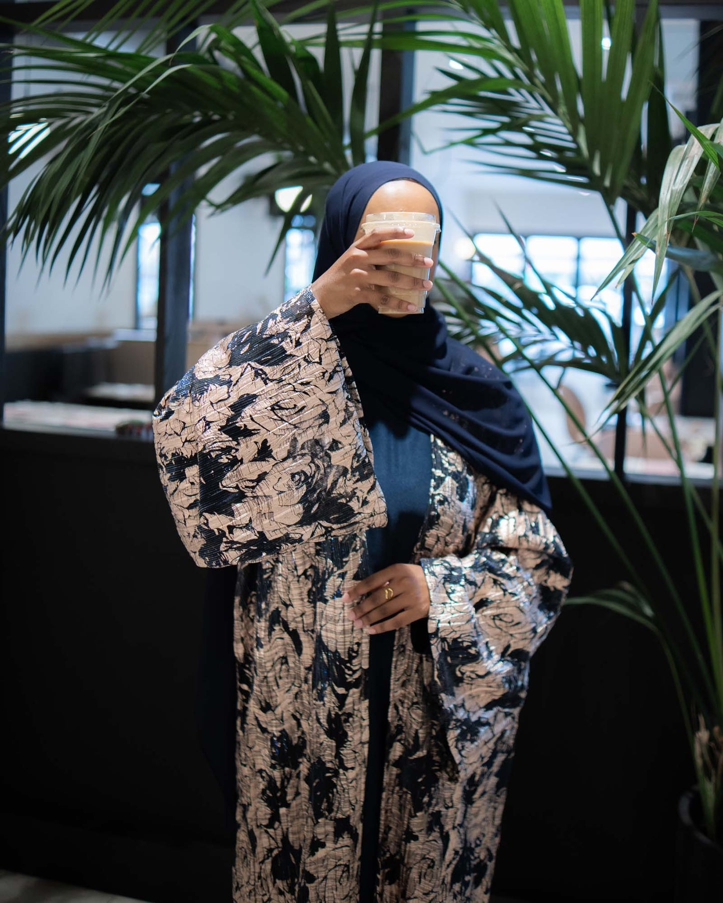 Leila Navy and Gold Foil Printed Abaya