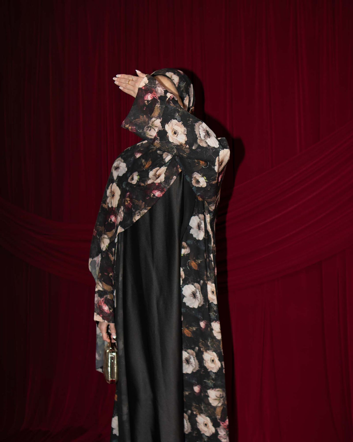 Eliana Black and Cream Floral Printed Chiffon Abaya