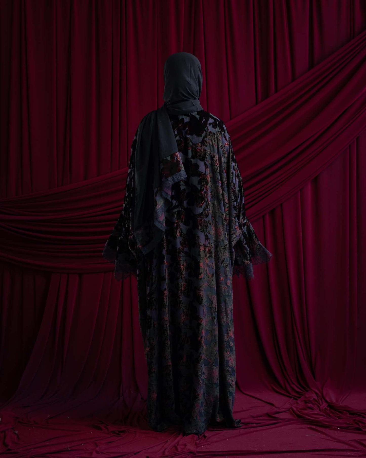 Nisma Dark Purple Velvet Flocked Butterfly Abaya