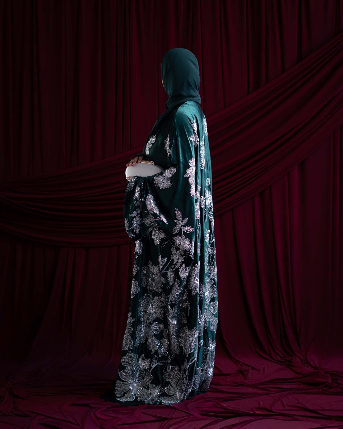 Amani Emerald Green Velvet Floral Embellished Abaya