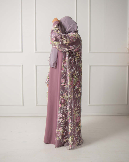 Layali Wildberry Purple Floral Embellished Abaya | occasion abayas | side view