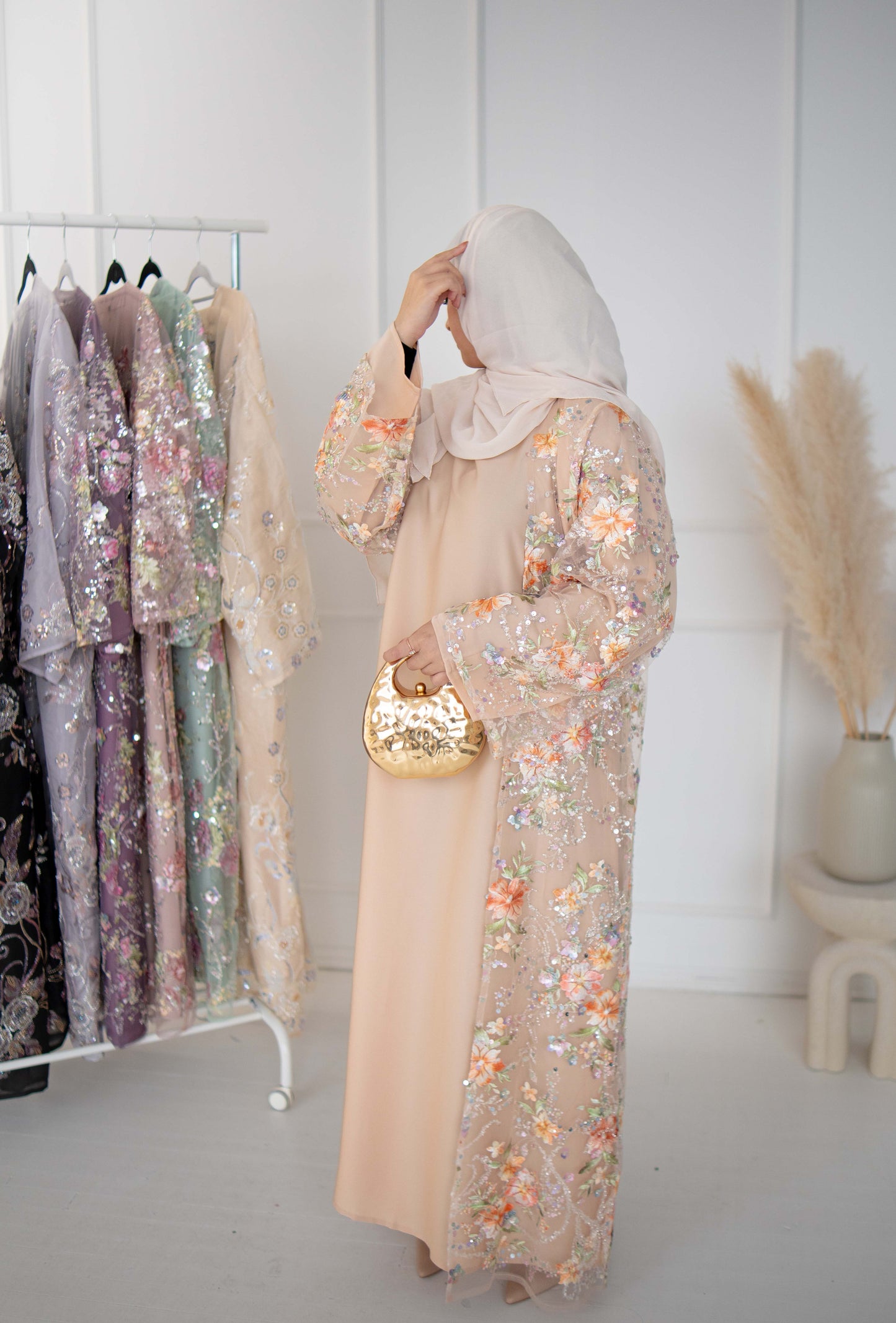 Layali Peaches and Cream Floral Embellished Abaya
