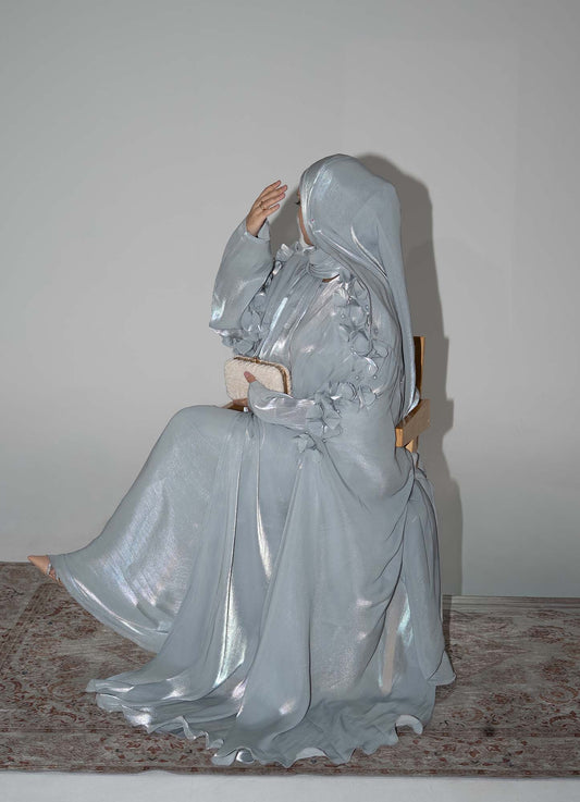 Maaliya Pastel Light Blue 3D Flower Embellished Organza Cape Abaya | SOLÈNE NOOR COLLECTION | Side View