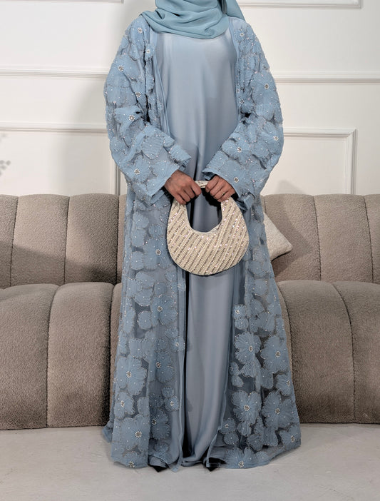 Malika Light Blue Floral Embellished Abaya | occasion abayas | front view
