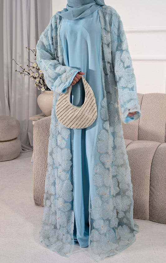Malika Summer Blue Floral Embellished Abaya | occasion abayas | front view