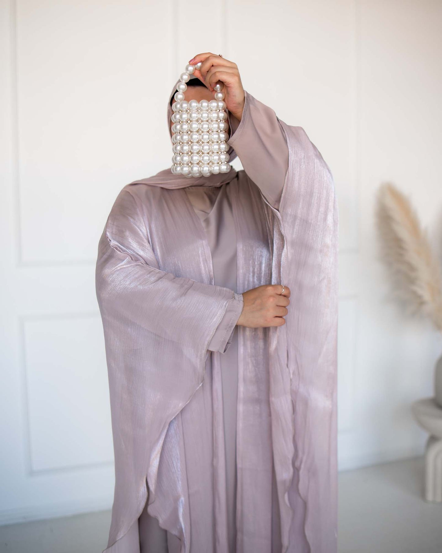 Nadia Champagne Organza Cape Abaya | occasion abayas | close view