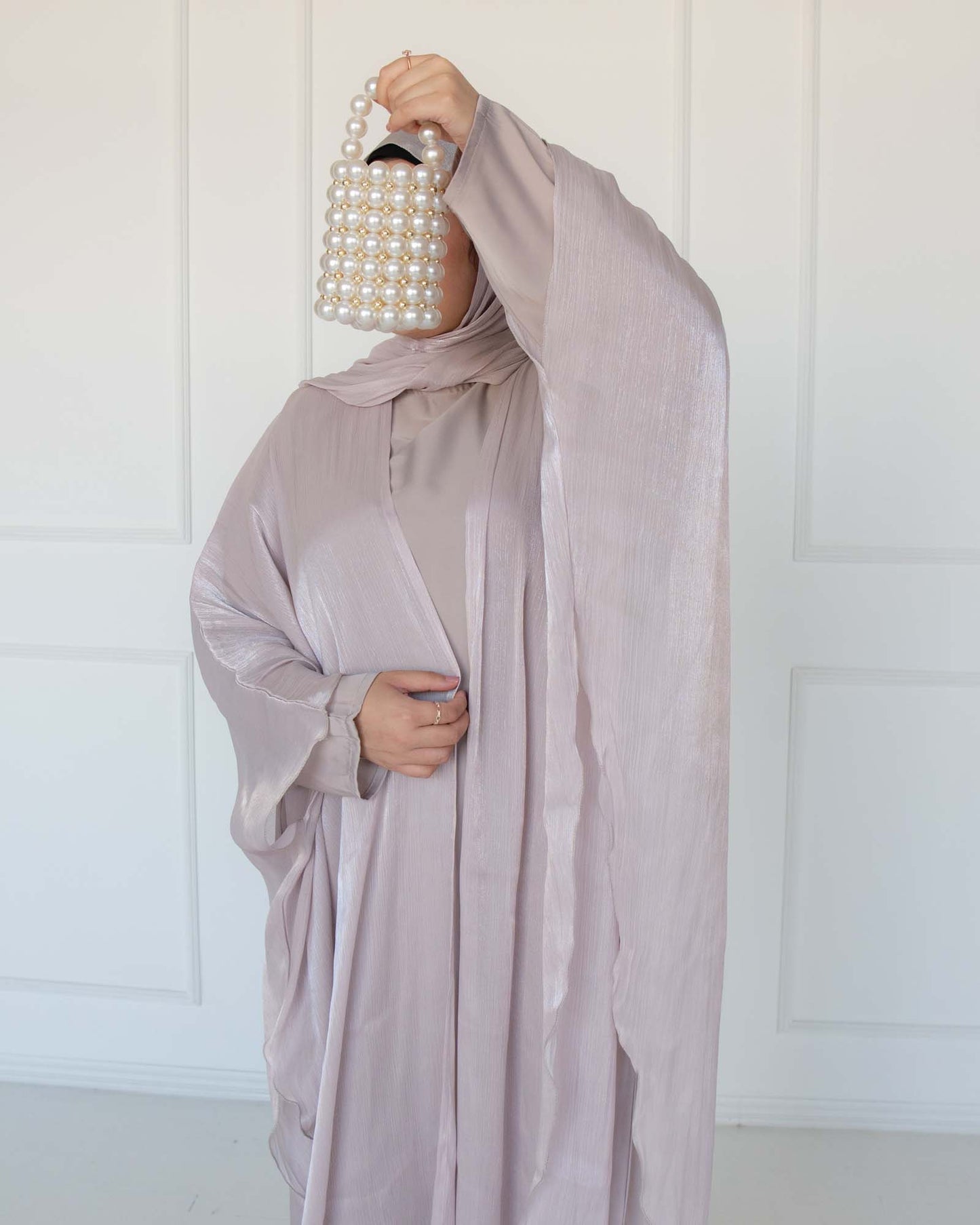 Nadia Champagne Organza Cape Abaya | occasion abayas | front view