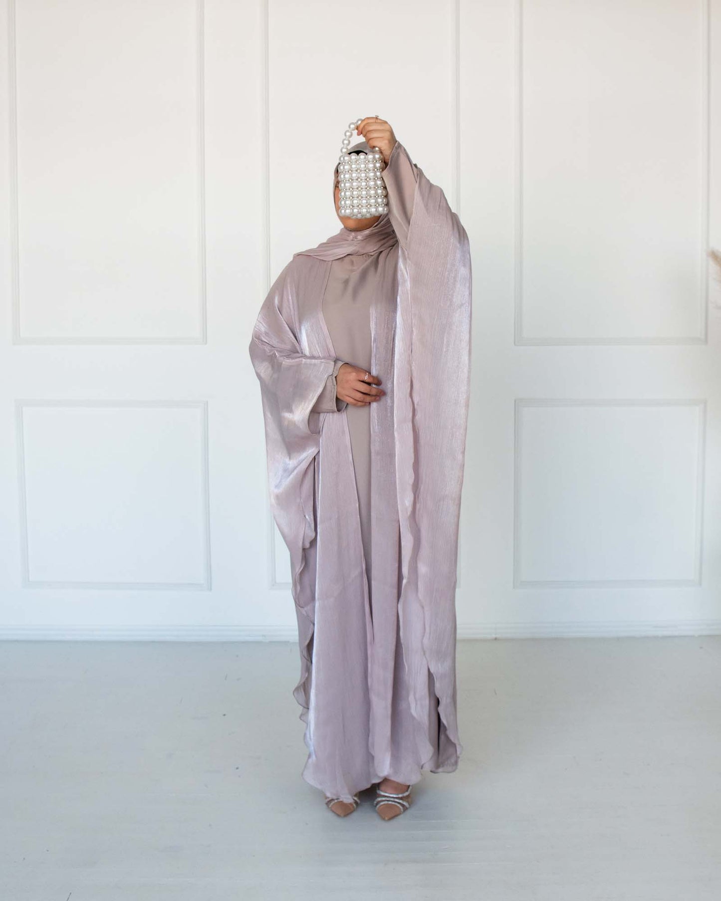 Nadia Champagne Organza Cape Abaya | occasion abayas | full view
