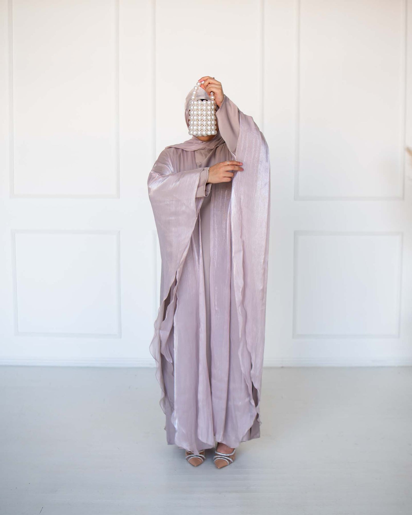 Nadia Champagne Organza Cape Abaya | occasion abayas | full view