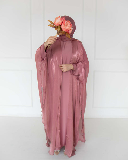 Nadia Deep Rose Organza Cape Abaya | occasion abayas | front view