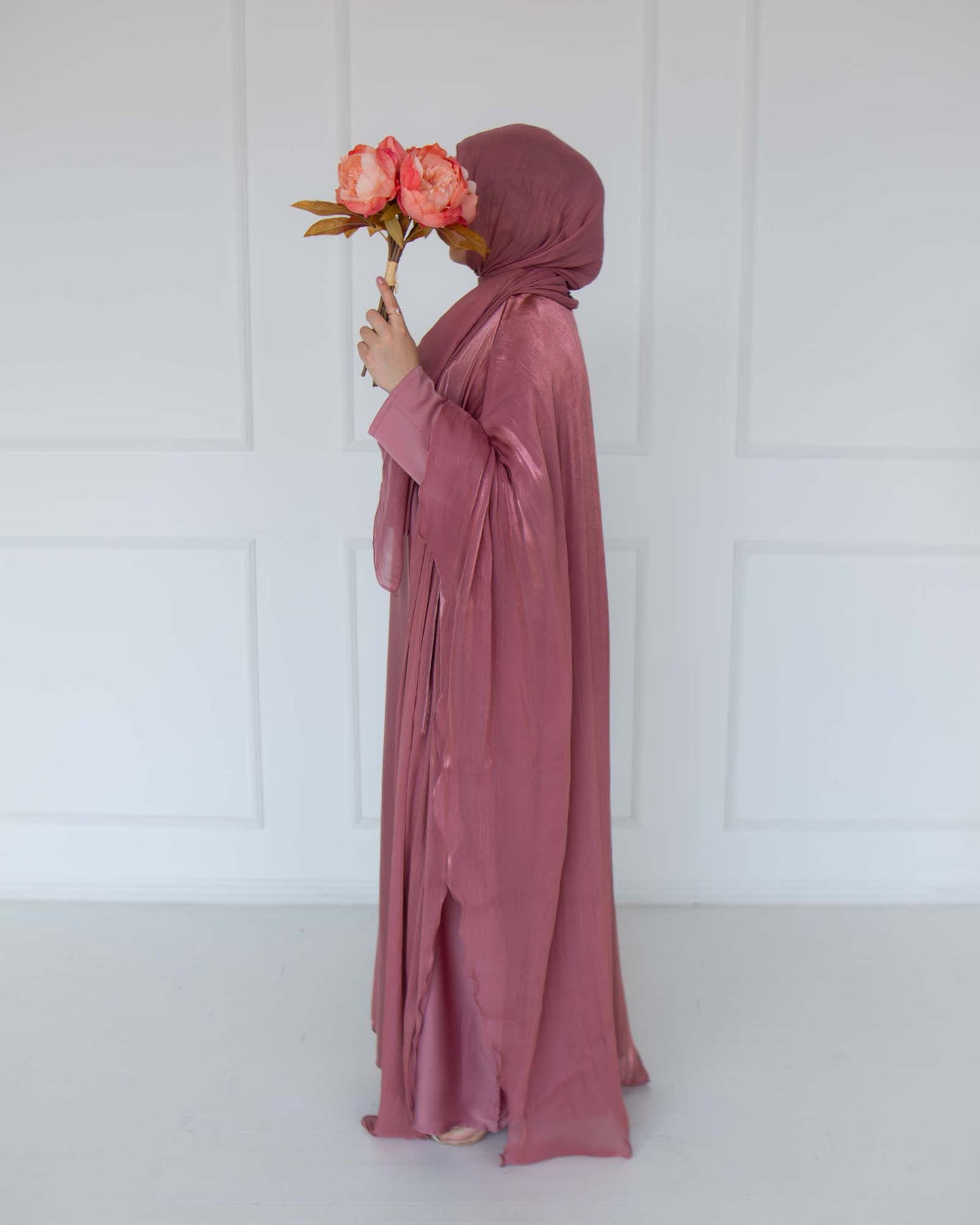 Nadia Deep Rose Organza Cape Abaya | occasion abayas | right full view