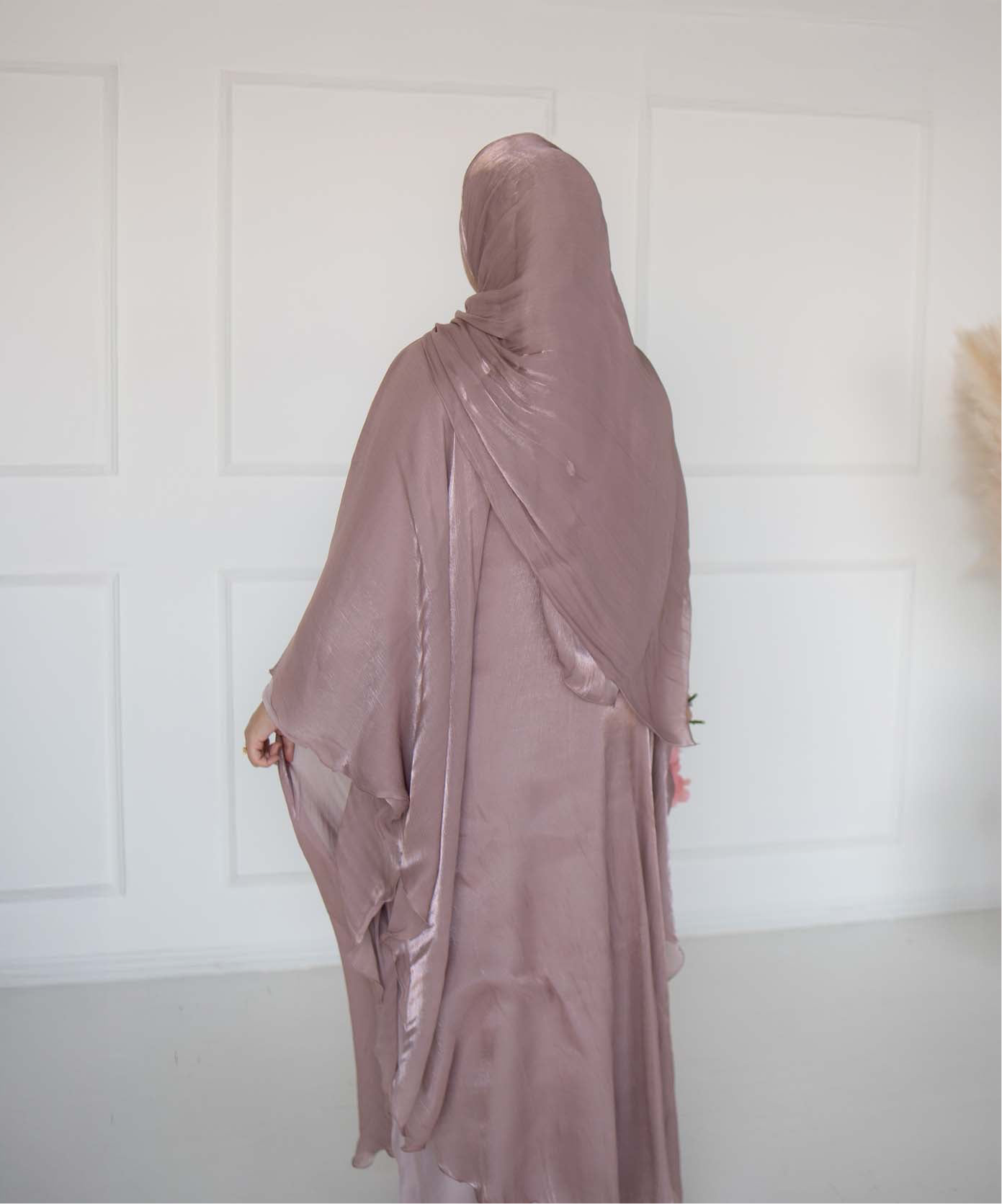 Nadia Mauve Organza Cape Abaya | occasion abayas | both abaya back view