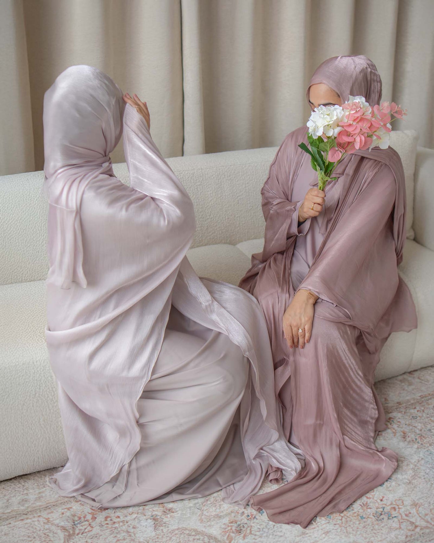 Nadia Mauve Organza Cape Abaya | occasion abayas | both abaya front view