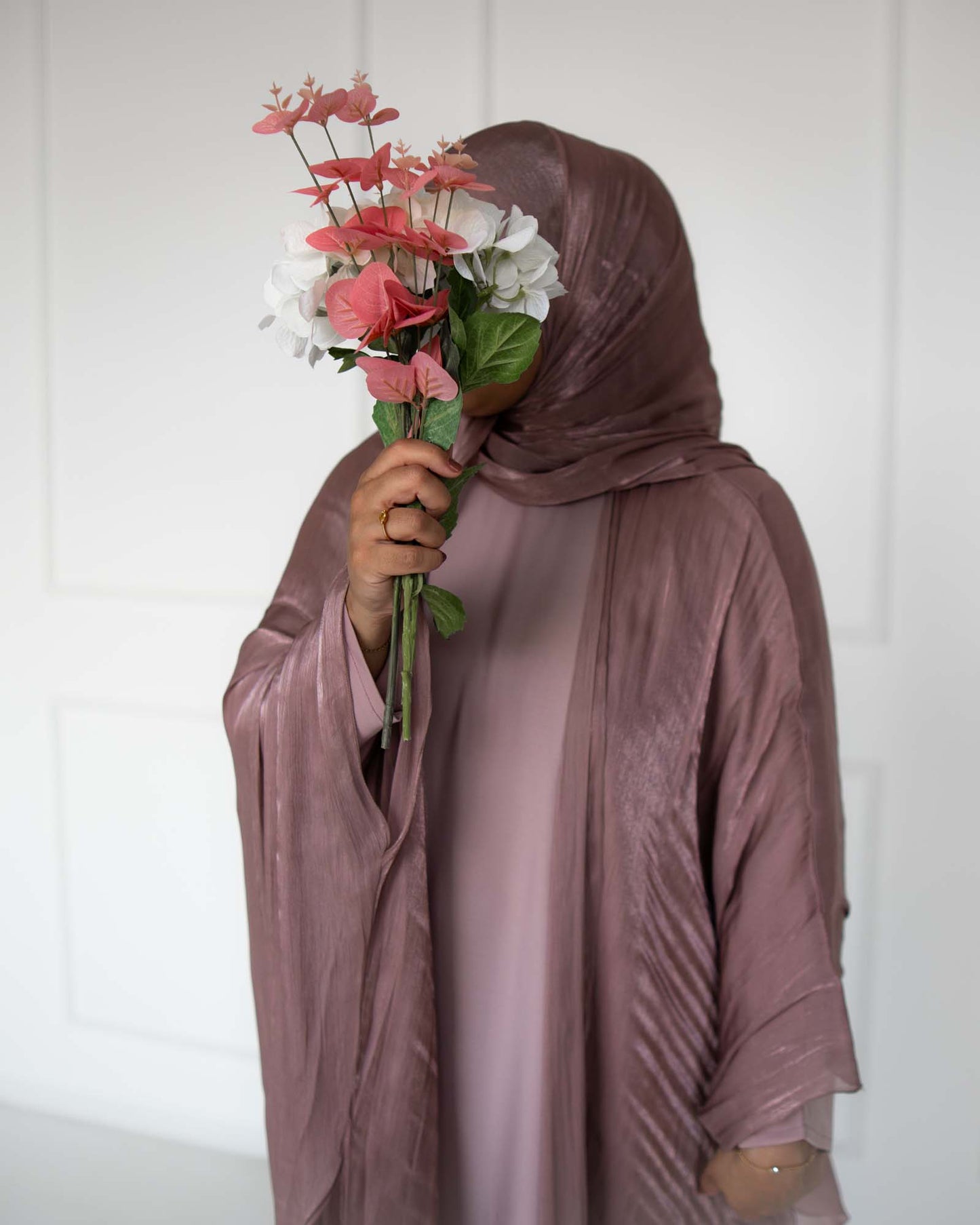 Nadia Mauve Organza Cape Abaya | occasion abayas | left view