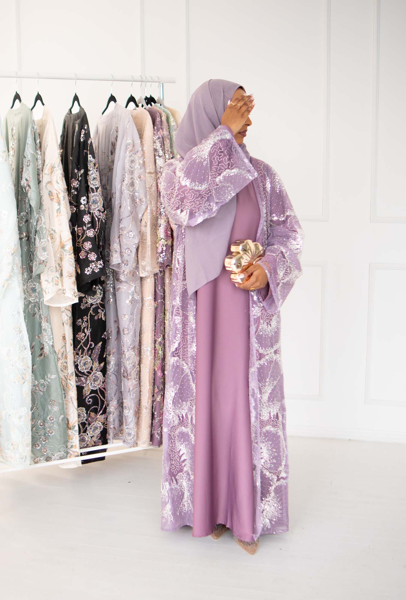 Noor Wildberry Purple Floral Crystal Embellished Abaya | occasion abayas | full view